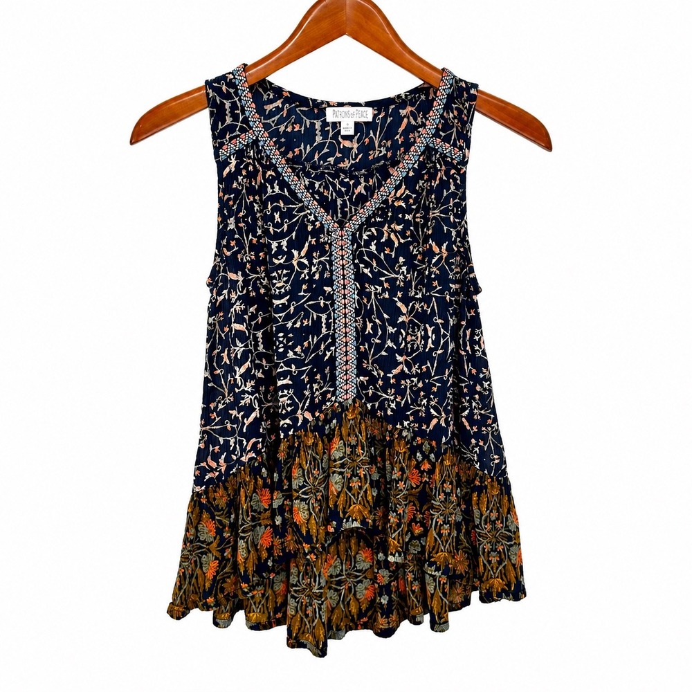 Patrons of Peace Navy Blue Floral Boho Tiered Sleeveless Top V-Neck Small